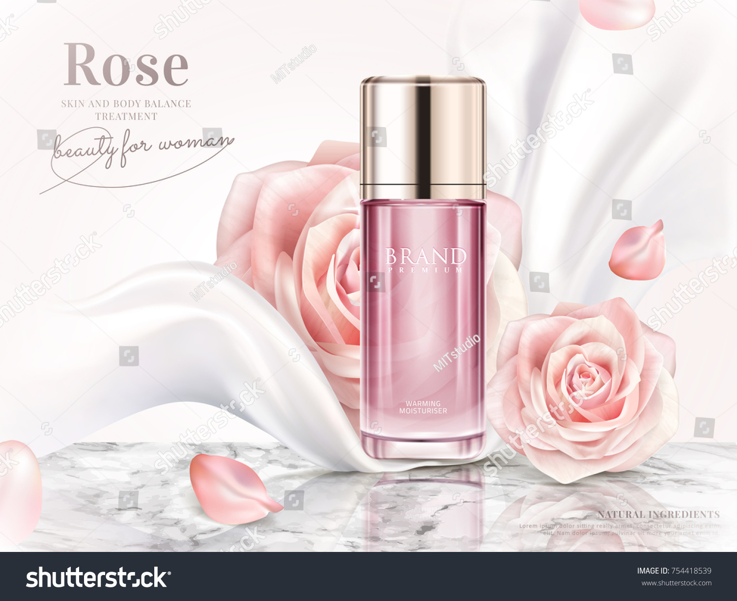Rose toner ads  elegant cosmetic advertising with roses petals and pearl white chiffon in 3d illustration