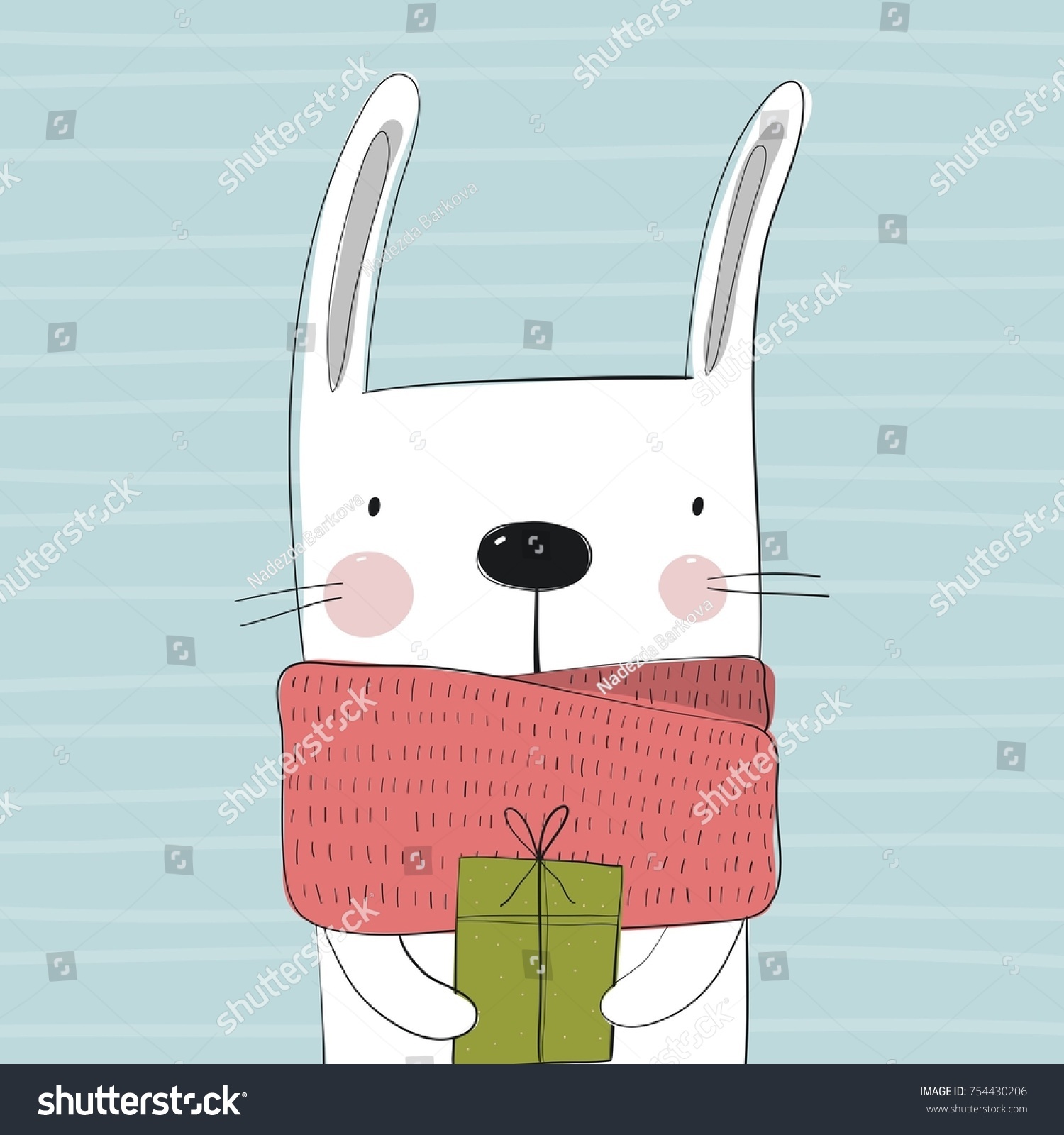 Christmas print with cute hand drawn bunny. 