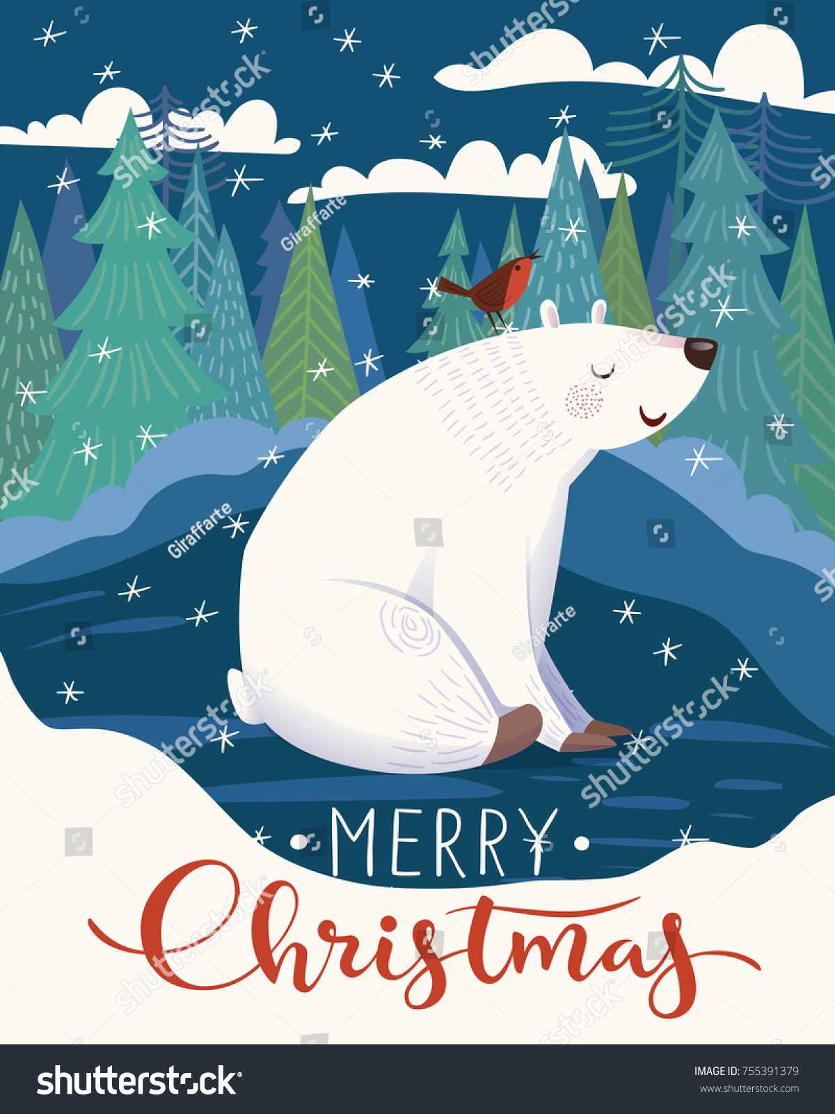 Vector Christmas poster design with cute crtoon polar bear 