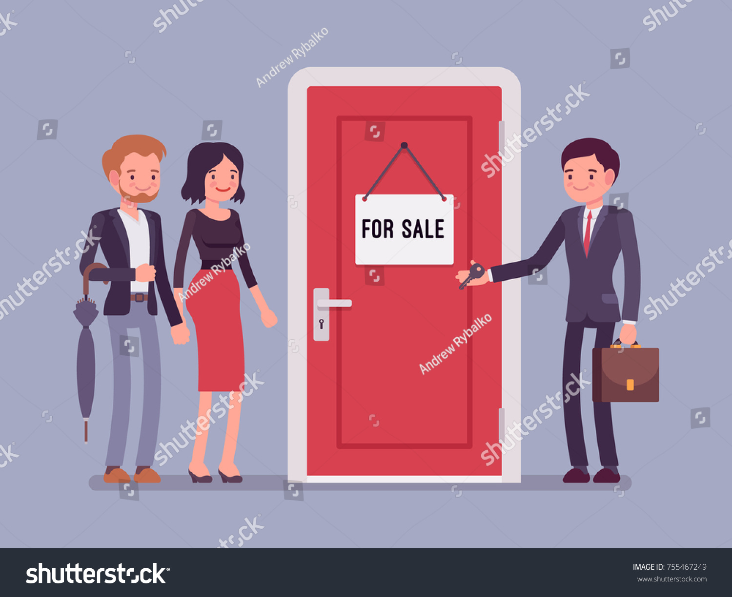 New apartment selling. Man from the estate agency or residential consultancy giving a key from a new flat to a young happy pair. Vector flat style cartoon illustration