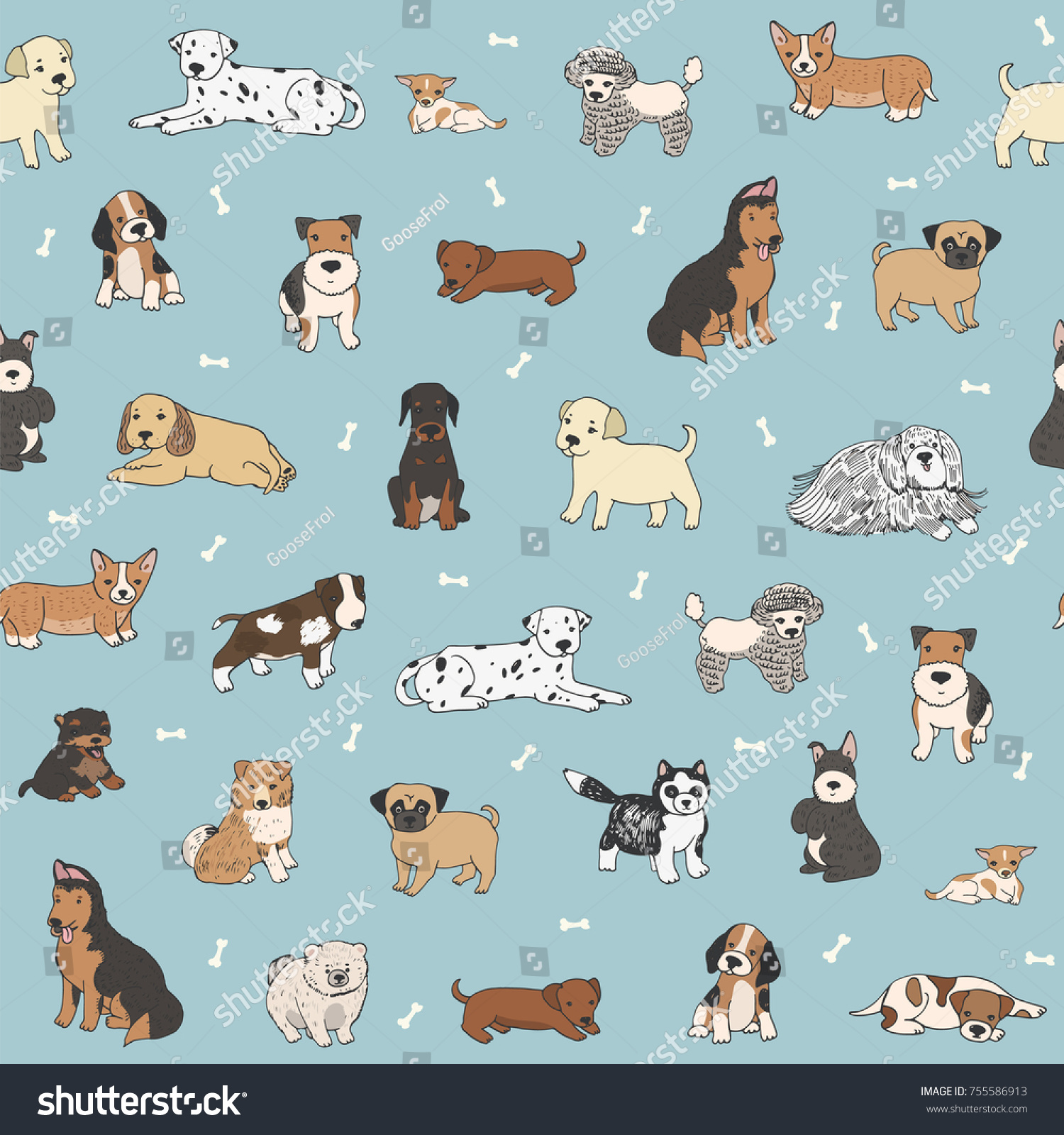 cartoon doodle puppy dog seamless vector hand drawn pattern