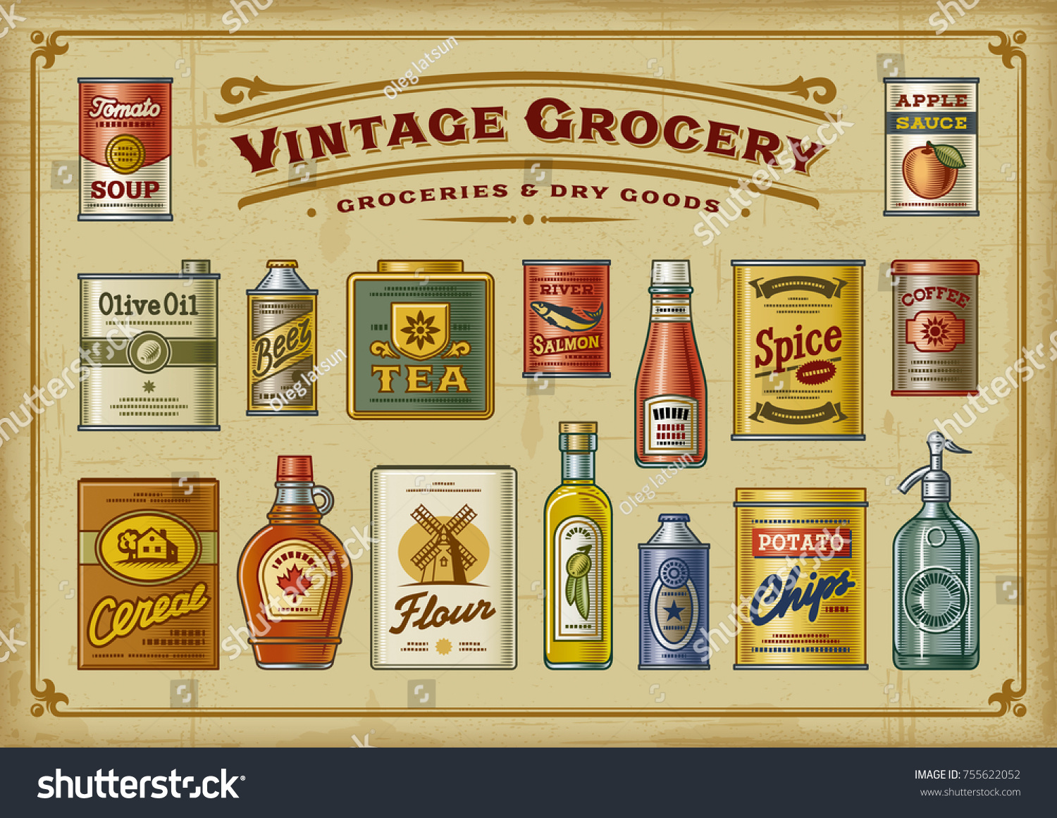 Vintage Grocery Set. EPS10 vector illustration in retro woodcut style.