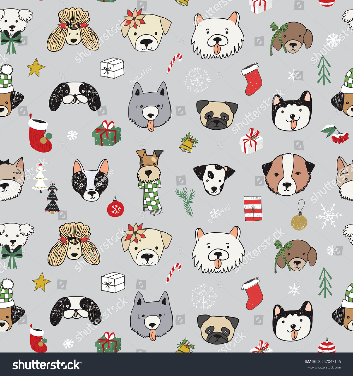Christmas dogs doodle seamless vector pattern