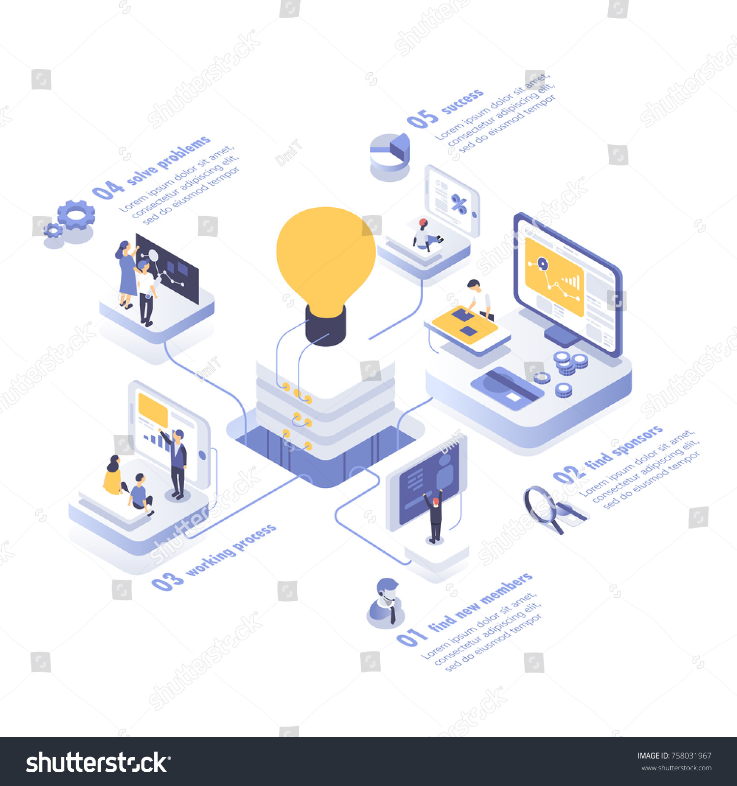 People work in a team and achieve the goal. Startup concept. Launch a new product on a market. Isometric vector illustration.