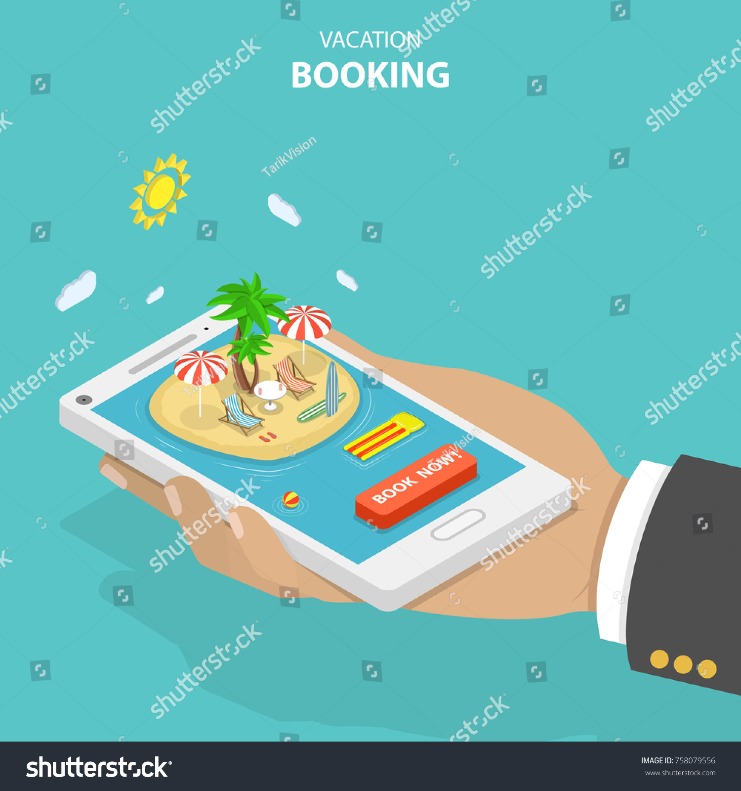 Vacation booking flat isometric low poly vector concept. Big hand is holding a smartphone with resort island  palms  loungers  umbrella  surf boards and order button.