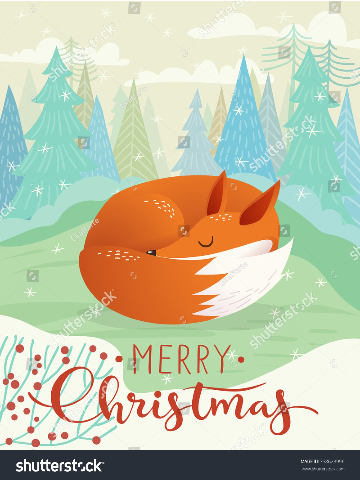 Vector Christmas card with sleeping fox. Merry Christmas vector card. 