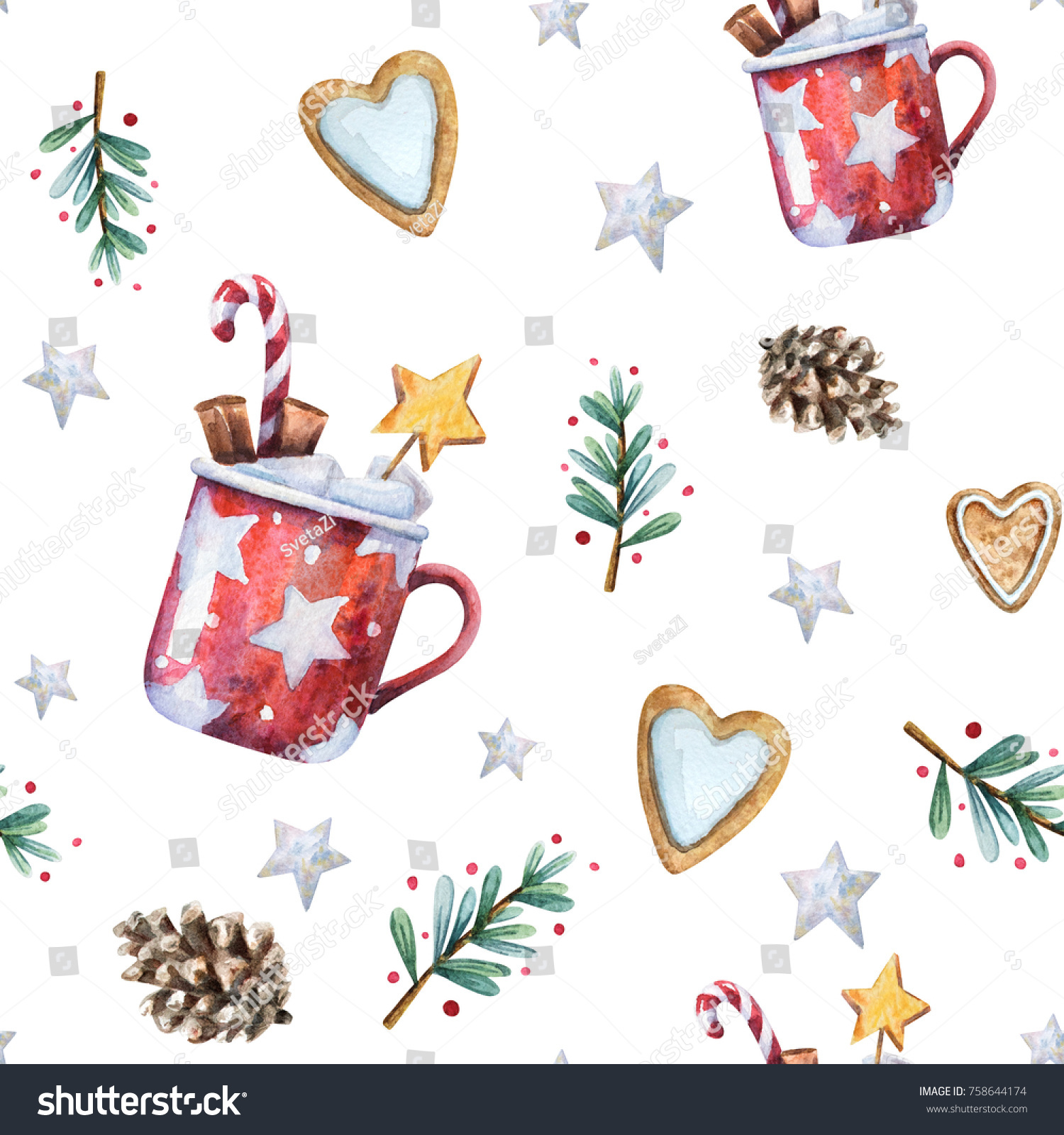 Watercolor Christmas seamless pattern with traditional decor and elements. Branches with berryes  gingerbread hearts  stars  cones and red mugs with hot cocoa or chocolate  cinnamon and marshmallow
