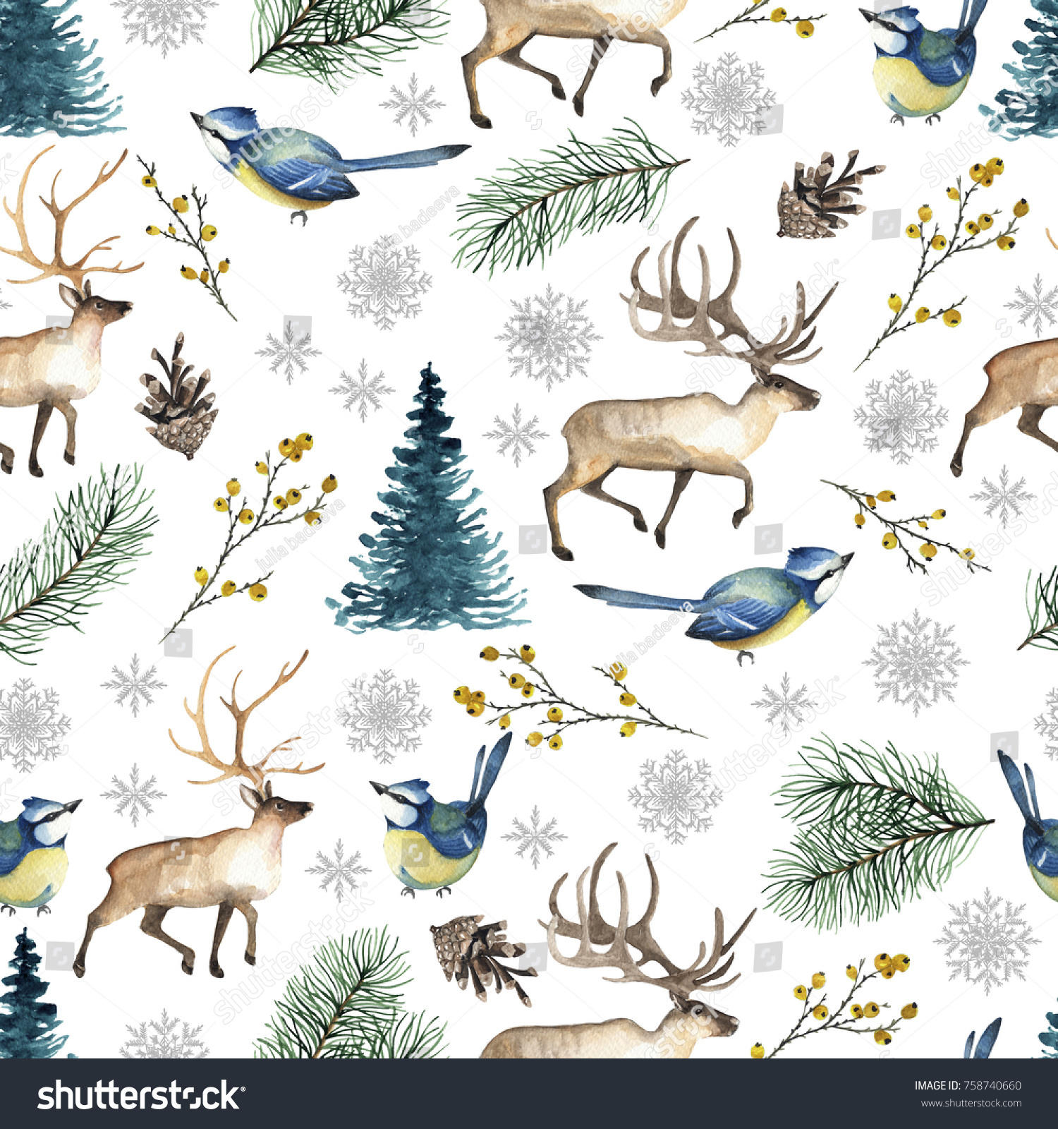 Seamless Christmas pattern with birds deer tree snowflakes branches. Watercolor hand drawn