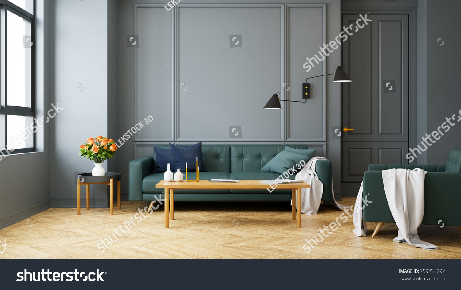 Vintage Modern interior of living room green sofa with wall lamp on wood flooring and dark gray wall 3d rendering