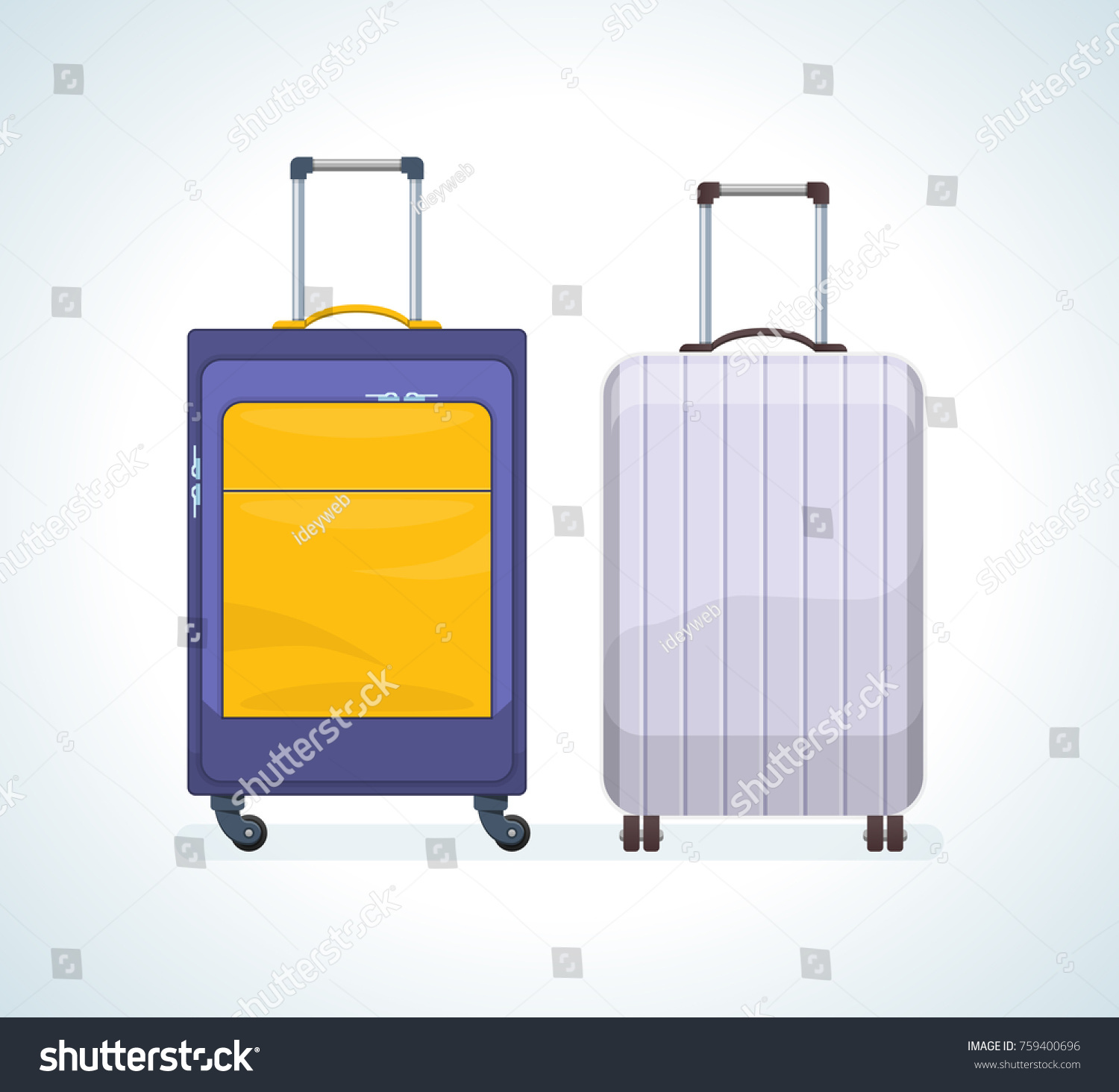 Set of realistic travel bags  suitcases for luggage on wheels. Bags for travel  recreation  business trips  crossings. Plastic and metal suitcases and bags. Vector illustration isolated.