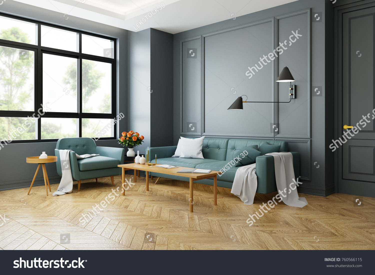 Vintage Modern interior of living room green sofa with wall lamp on parquet flooring and dark gray wall 3d rendering