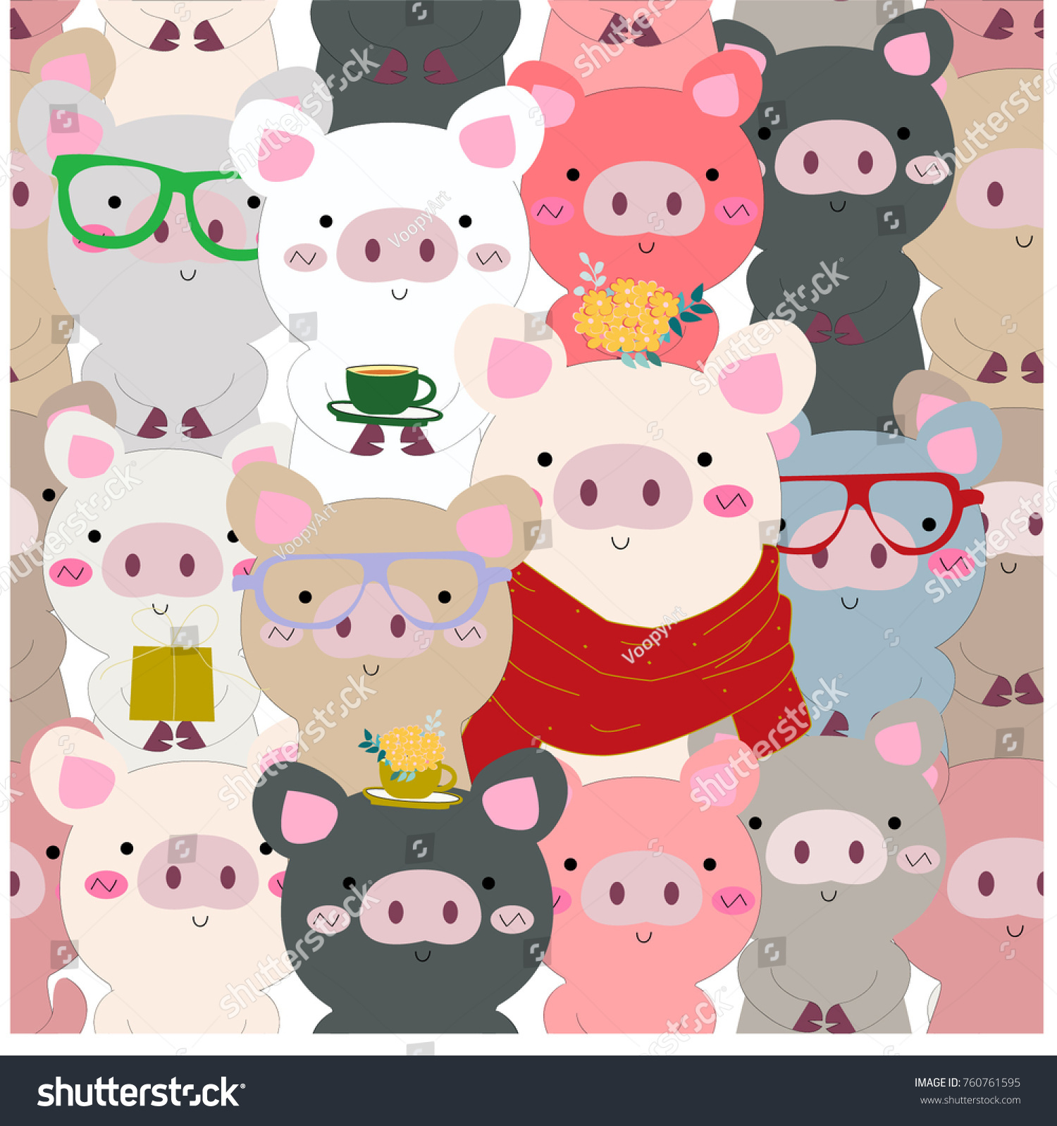 Vintage seamless cute celebrated baby pig blue grey pastel cartoon background pattern vector hand draw doodle comic art illustration for birthday or Christmas card