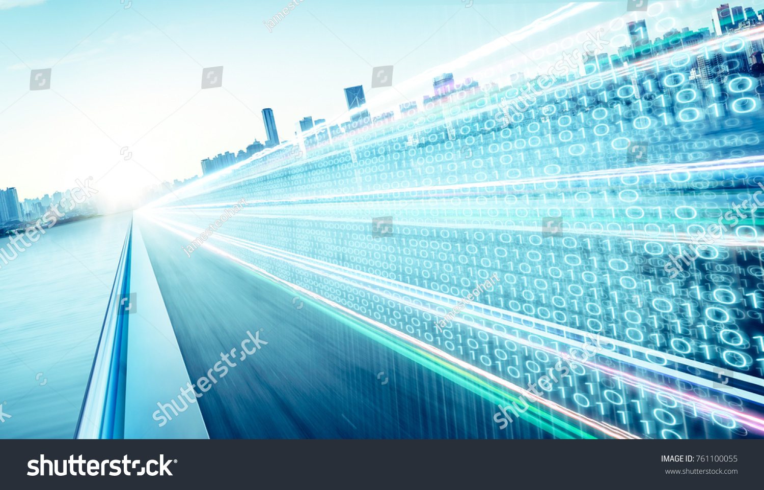 Highway flyover with binary code numbers on motion blurred asphalt road speed and faster digital matrix technology information concept .