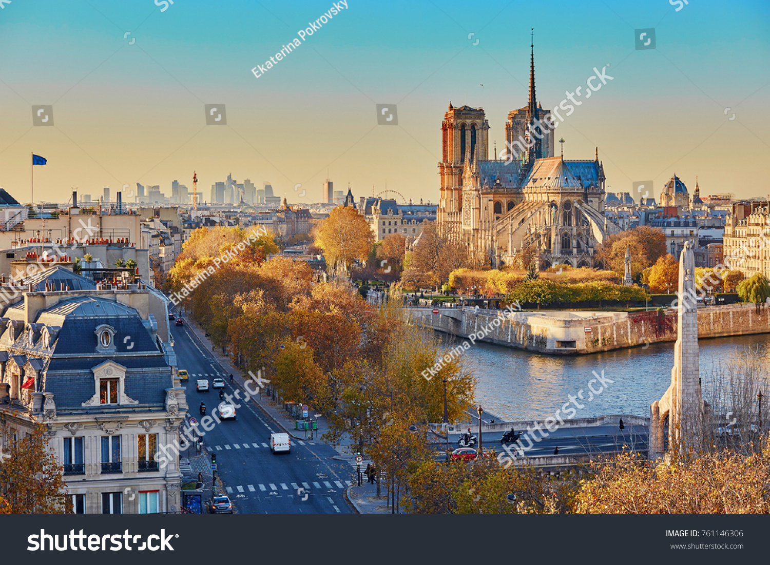 Aerial panoramic cityscape view of Paris France with Notre-Dame cathedral and river Seine on a fall day