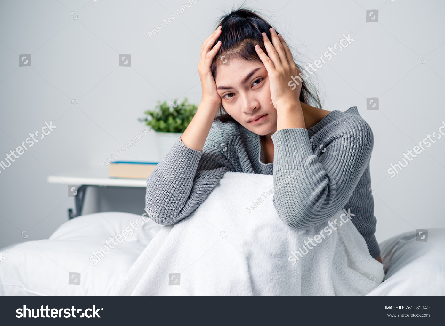 Sick Woman On Bed Concept Of Stomachache  Headache  Hangover  Sleeplessness Or Insomnia