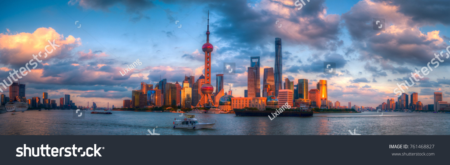 Panorama of Skyline of Lujiazui in Shanghai City at Sunset