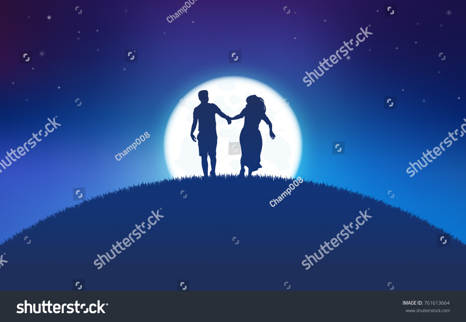 Silhouette couple man and woman holding hand running together under moon shine and stars background