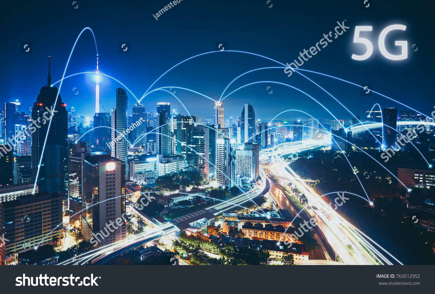5G network wireless systems and internet of things with modern city skyline. Smart city and communication network concept .