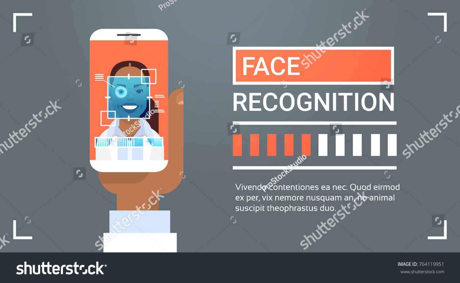 Hand Hold Smart Phone Scanning African American Female Iris Face Recognition Technology Banner Biometric Identification System Vector Illustration