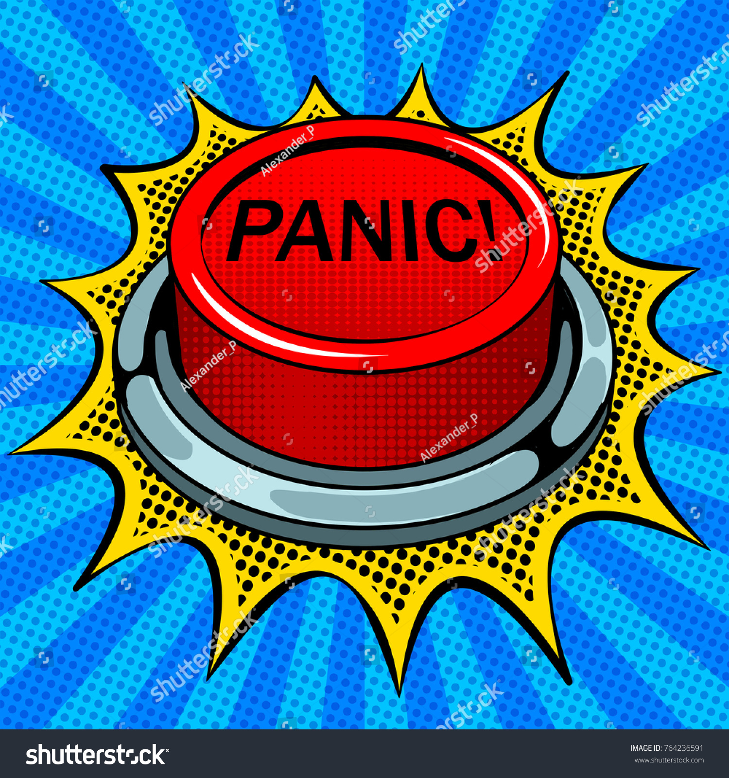 Panic red button pop art retro vector illustration. Comic book style imitation.