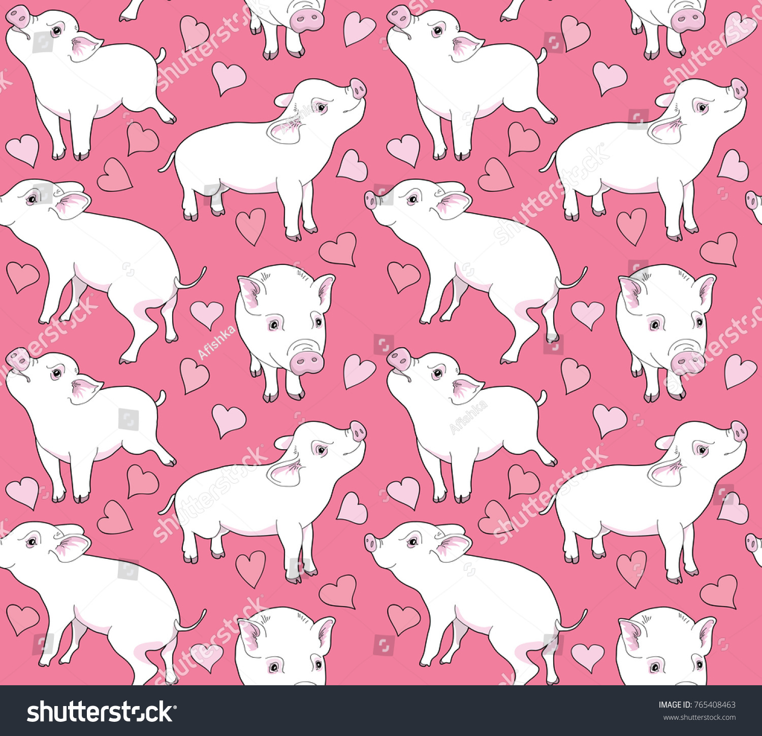 Seamless pattern with image of a mini pigs and a hearts on a pink background. Vector illustration.