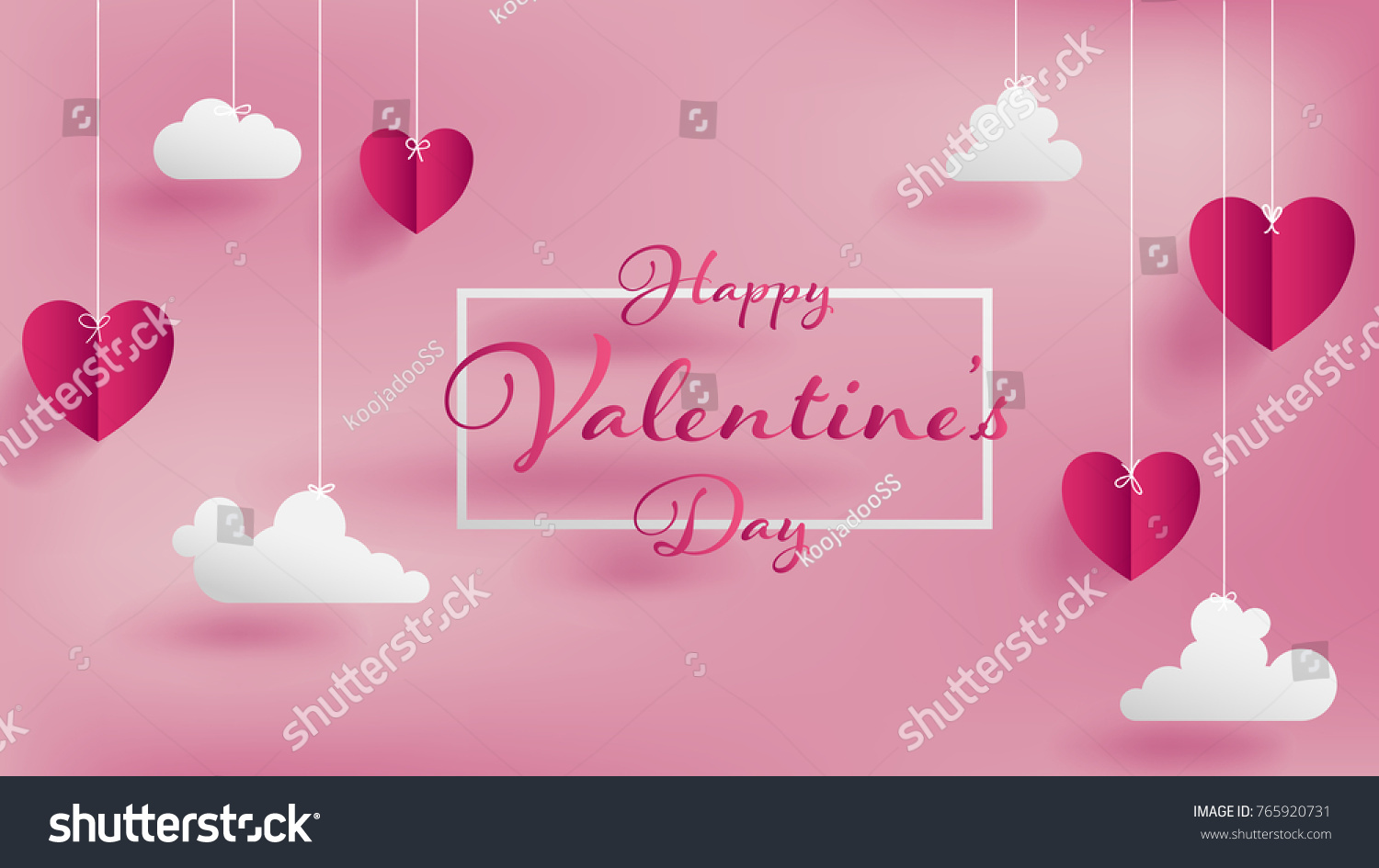 情人节的工艺纸设计日 包含粉红色的心脏和云通过刺在顶部 柔软的粉红色背景在空中感觉像蓬松的蓬松 情人节快乐的日子文字中间有白色边框
