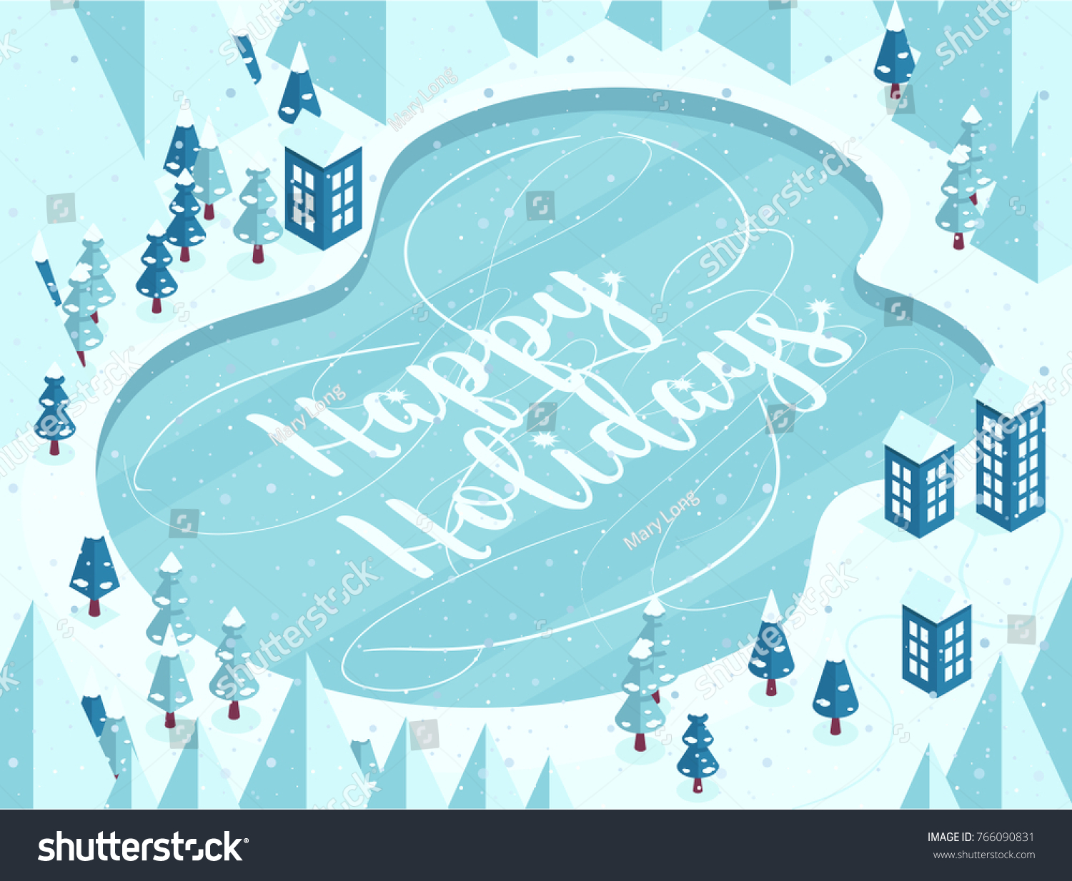 Vector illustration in cartoon style Vertical Snowy Mountains landscape with frozen lake  house  road  pines  hills  snow and hand lettering of Happy Holidays.
