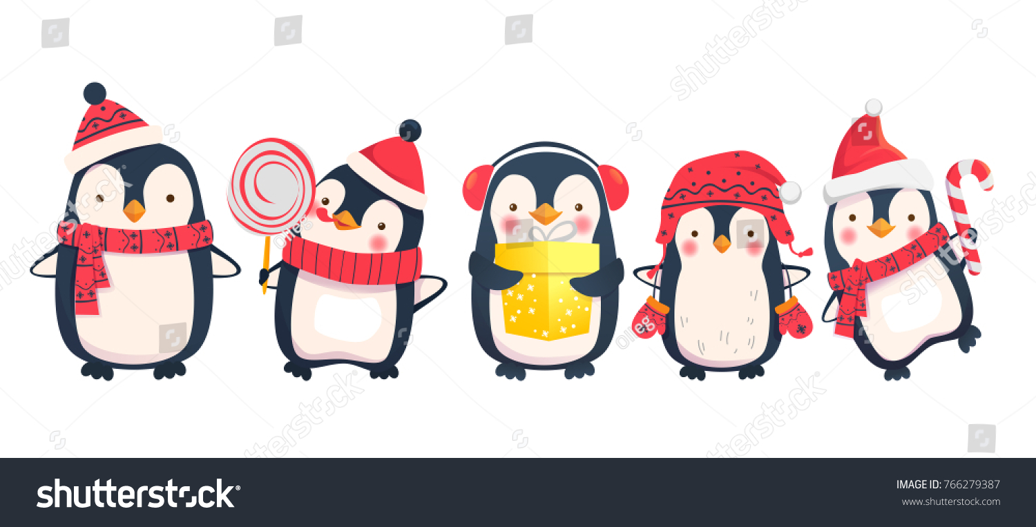 Penguins cartoon vector illustration. Christmas penguin characters