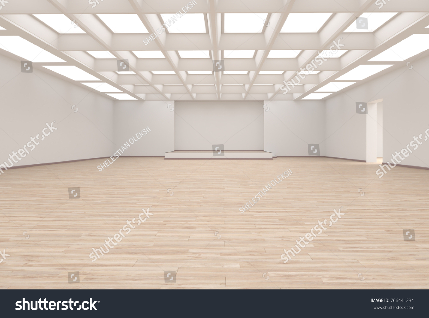 3D rendering light empty exhibition hall. Empty room for performances.