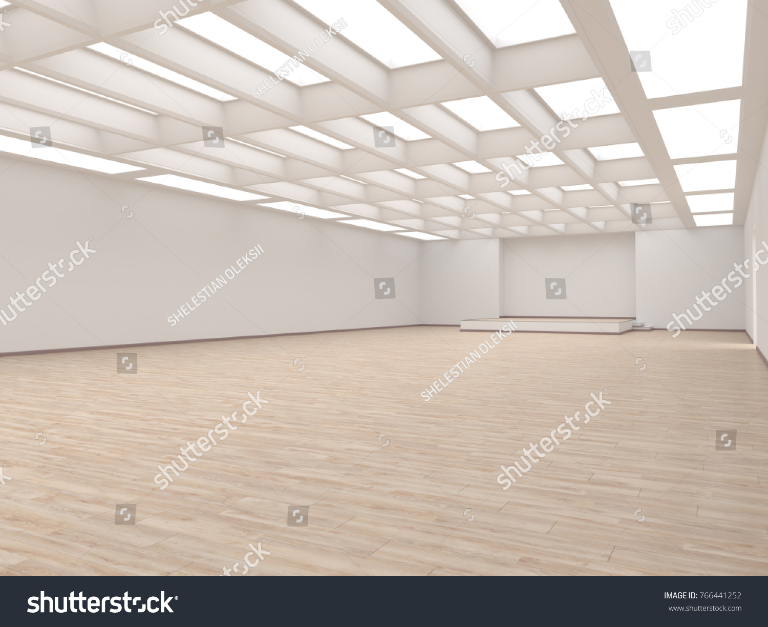 3D rendering light empty exhibition hall. Empty room for performances.