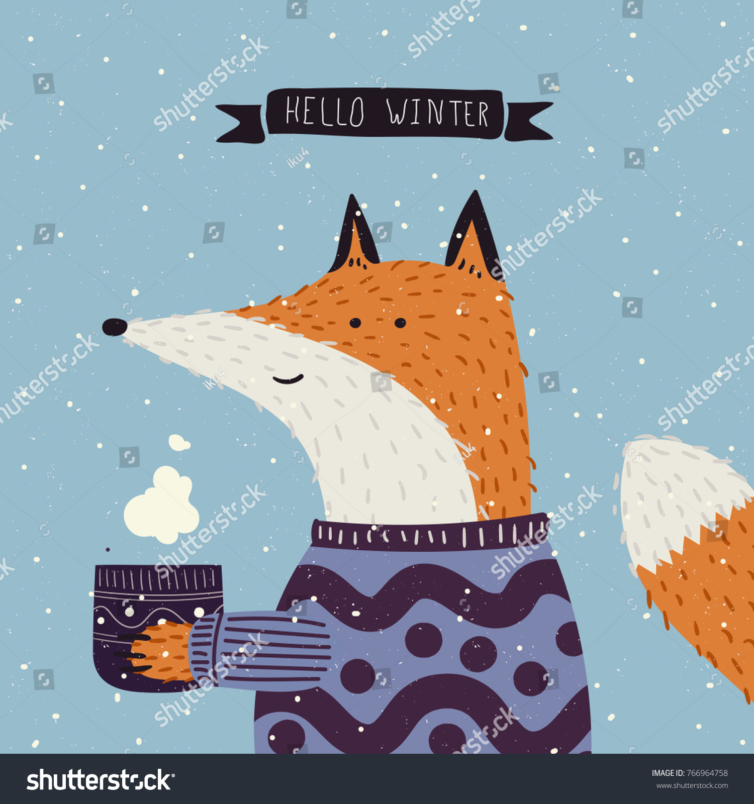 Christmas cartoon New Year characters. Fox in winter clothes. Greeting card design in blue and violet colors. Forest animals  winter holiday. Vector illustration