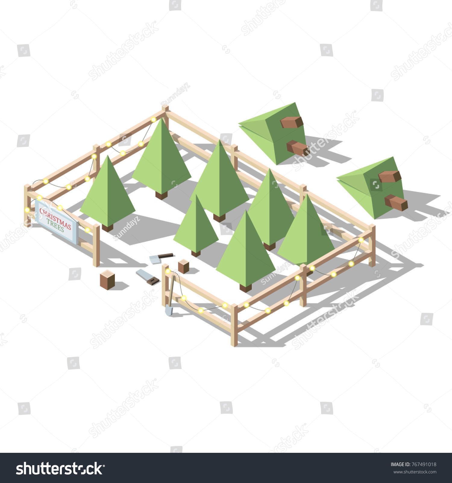 Christmas tree market. Isometric low poly new year fair site vector illustration.