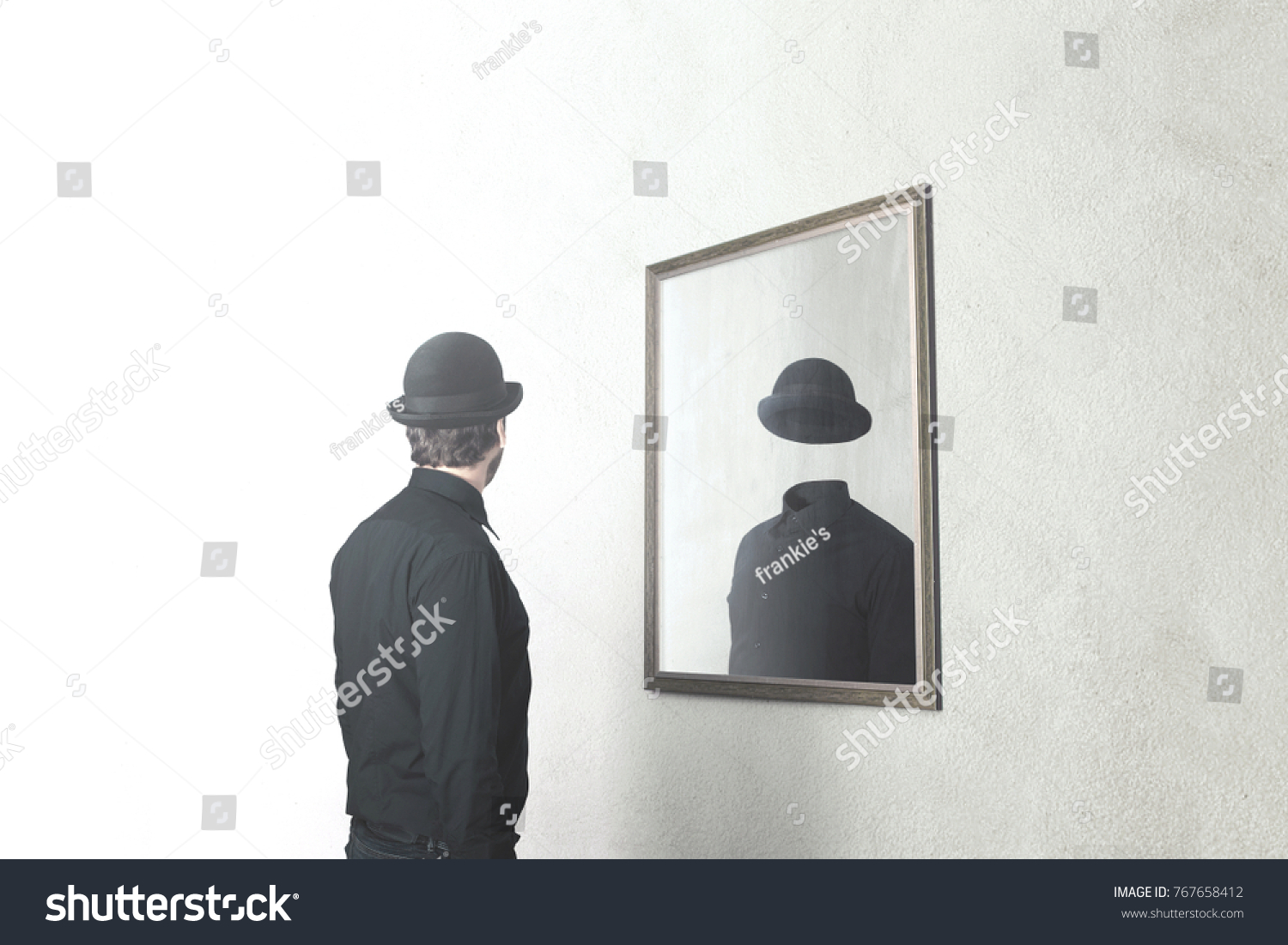 identity absence surreal concept; man in front of mirror reflecting himself without face