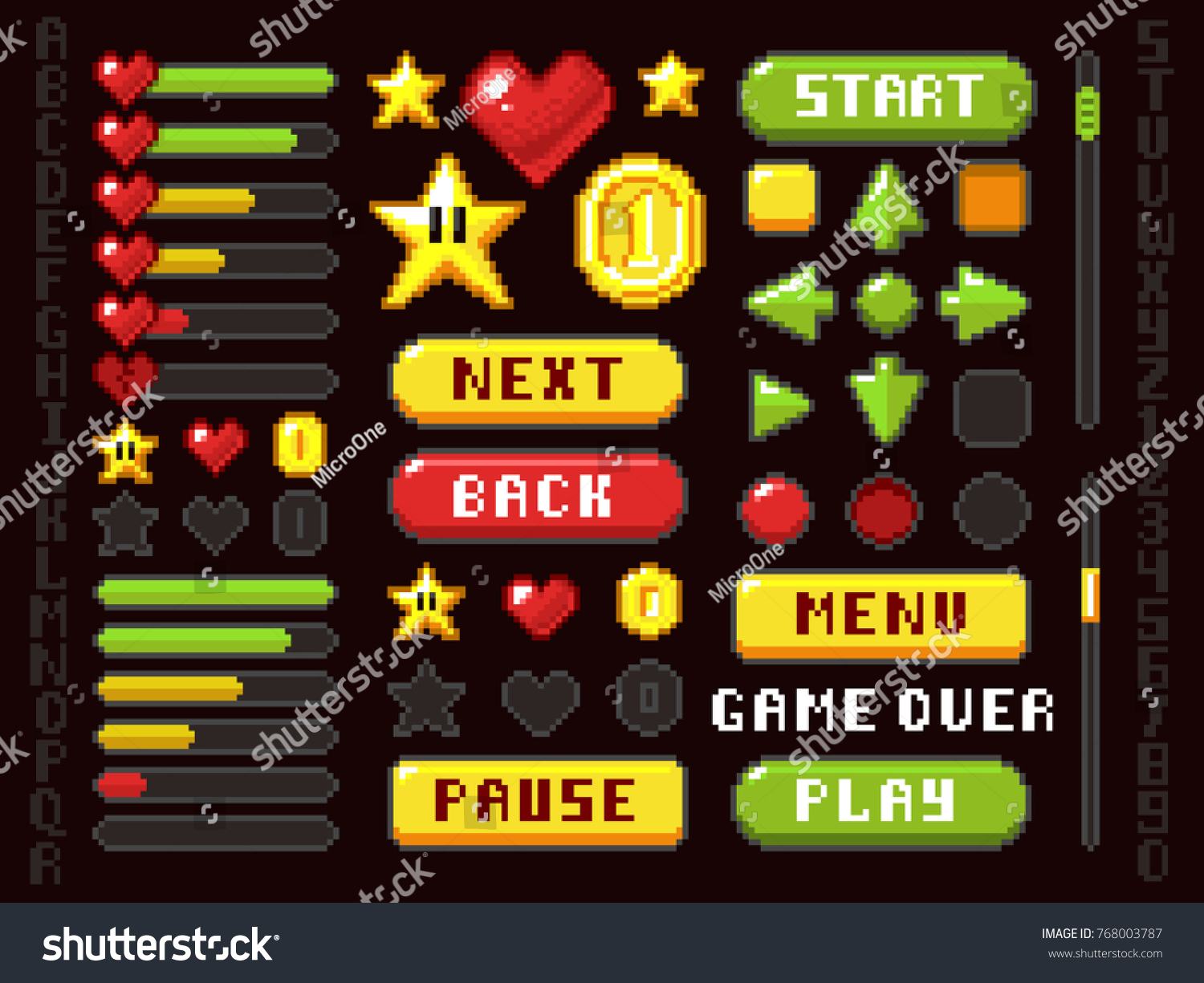 Pixel game buttons  navigation and notation elements and symbols vector set. Button interface game arrow and play  back and next illustration