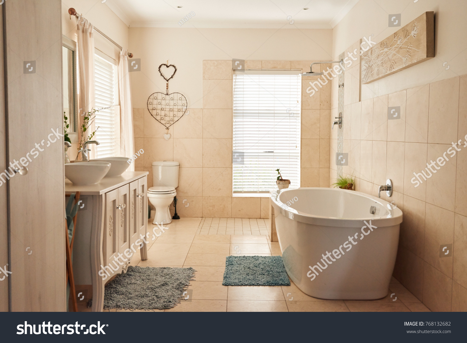 Interior of beautiful country style bathroom with basins a toilet and
