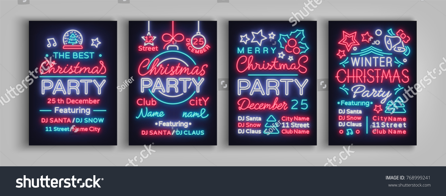 Christmas party collection of invitation templates  brochures  posters. Merry Christmas  set of holiday cards in neon style. Postcard  flyer bright sacred banner advertising for your holiday projects.