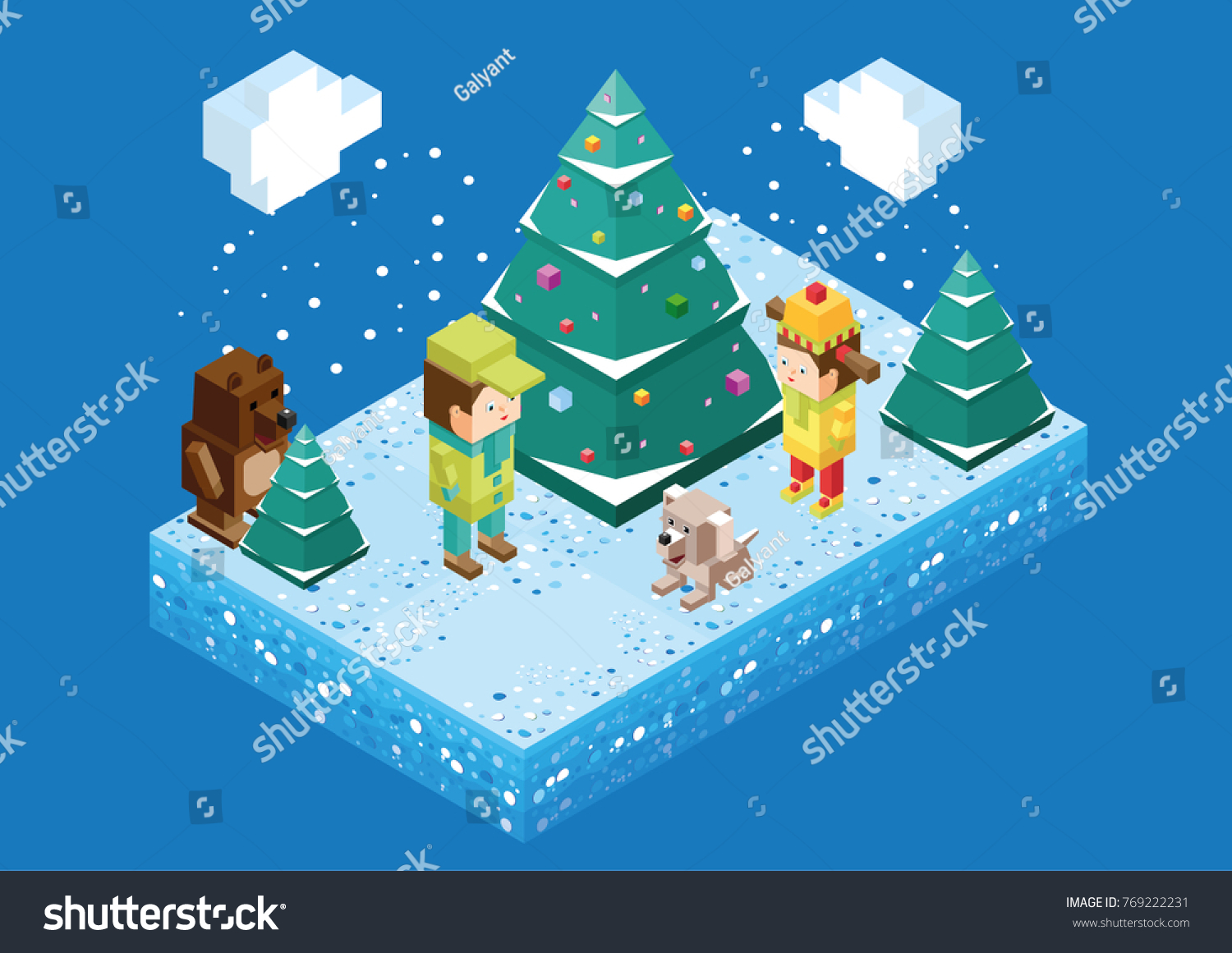 winter  isometry  children  fir tree  forest