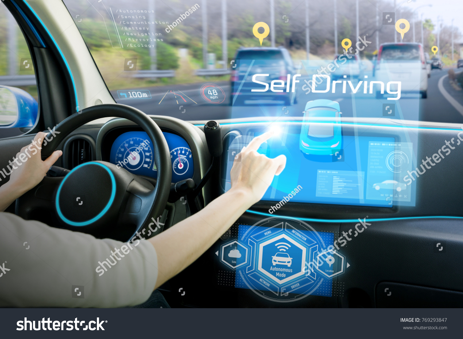 Cockpit of autonomous car. Driverless car. Self-driving vehicle. Head up display.