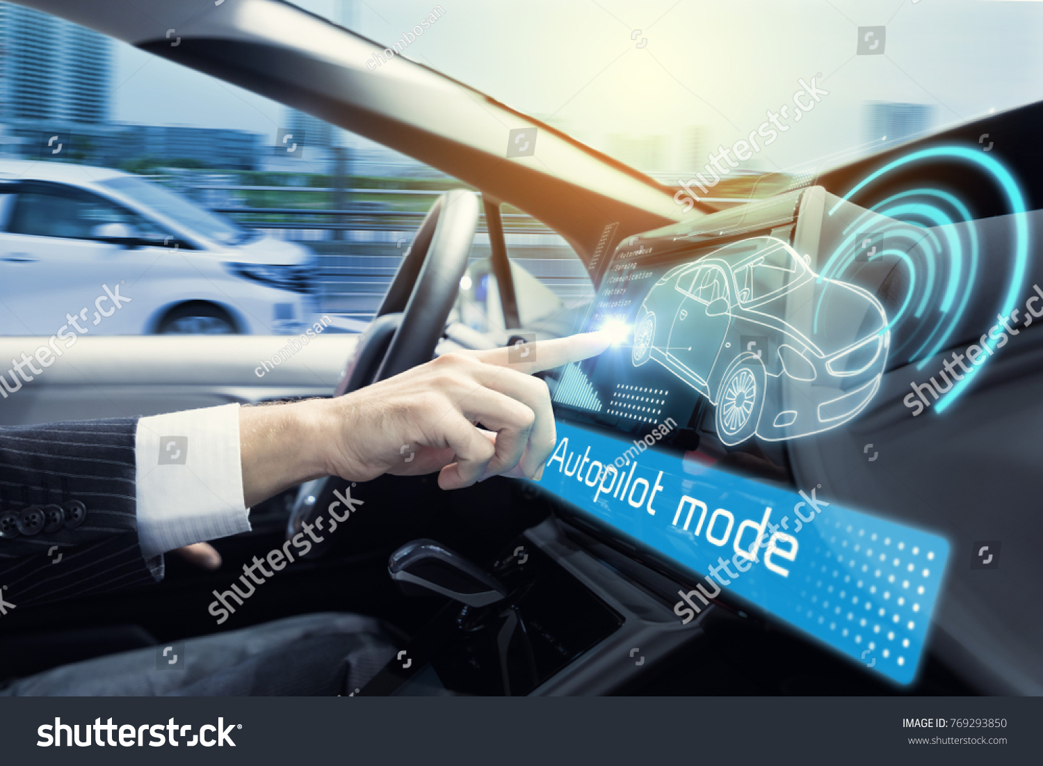 Cockpit of autonomous car. Driverless car. Self-driving vehicle. Head up display.