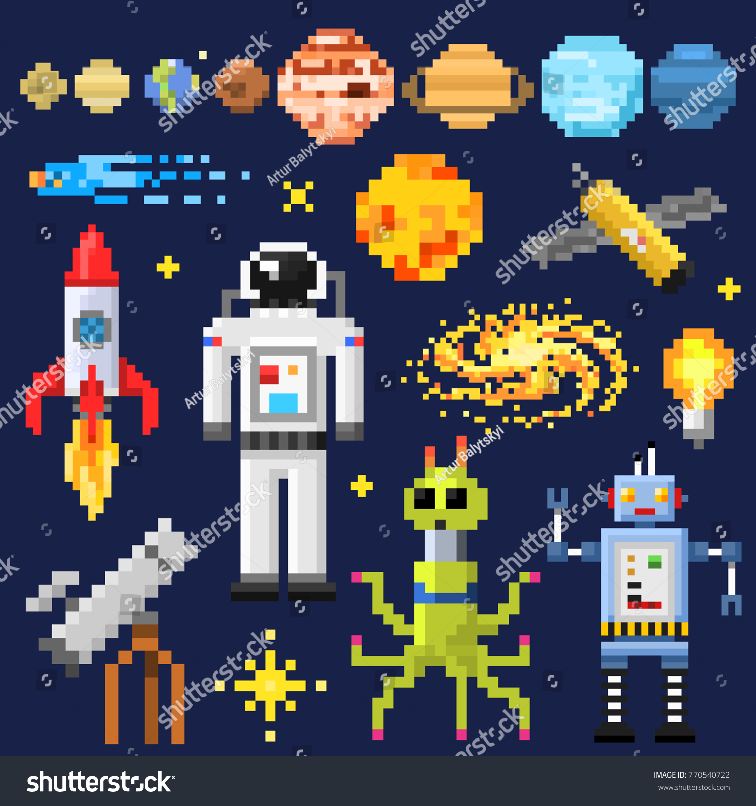 Set of space stars  alien spaceman  robot rocket and satellite cubes solar system planets pixel art  digital vintage game style. Mercury  Venus  Earth  Mars  Jupiter  Saturn. icons composition.