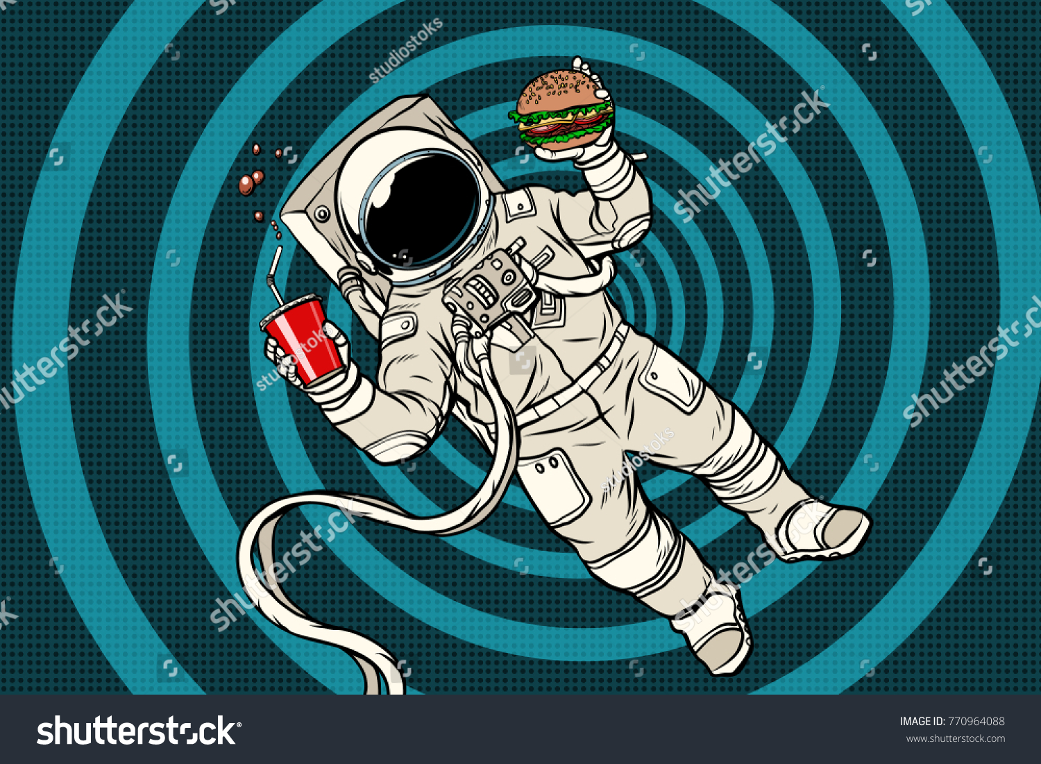 Astronaut in zero gravity with fast food. Pop art retro vector illustration