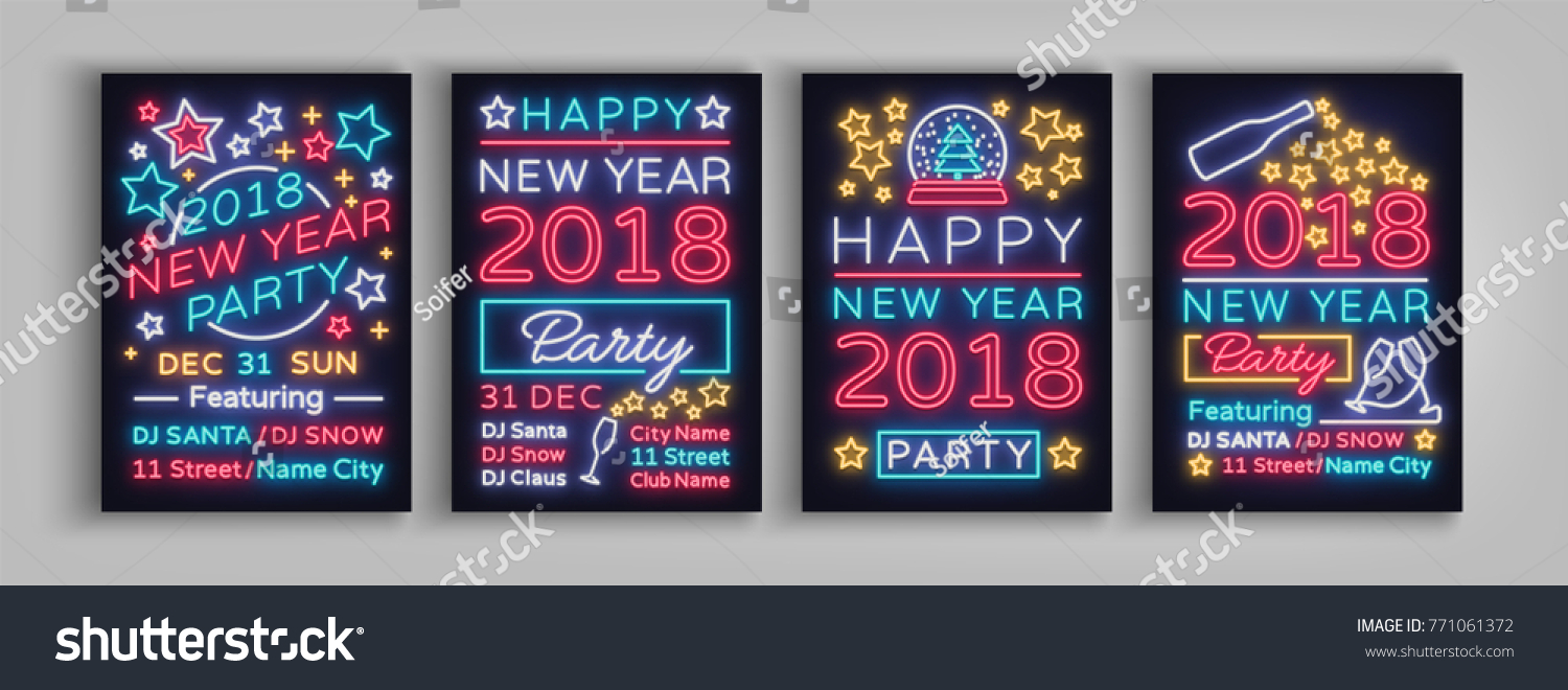 Happy New Year 2018 Set Poster Vector Illustration. Neon signs. Collection brochure design in a neon style style invitation invitation for the New Year party. Postcard  flyer  card  party promotion
