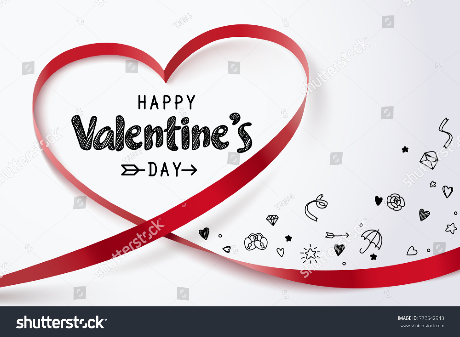 红色的心色带和快乐的情人节和白色背景 矢量艺术和插图上的爱情图标。