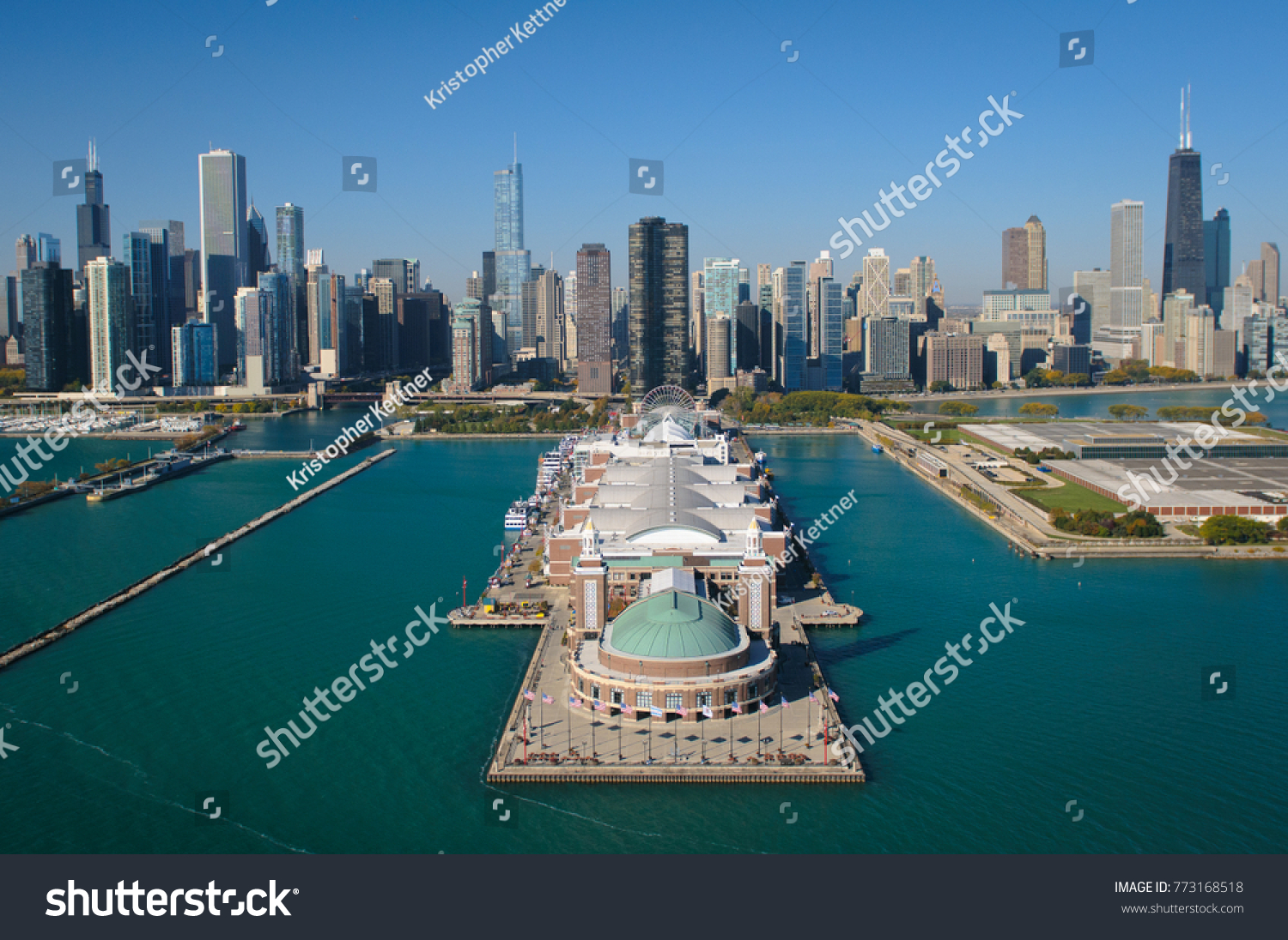 Aerial view of Navy Pier and the Chicago Illinois skyline (taken from a helicopter over Lake Michigan). (2879)