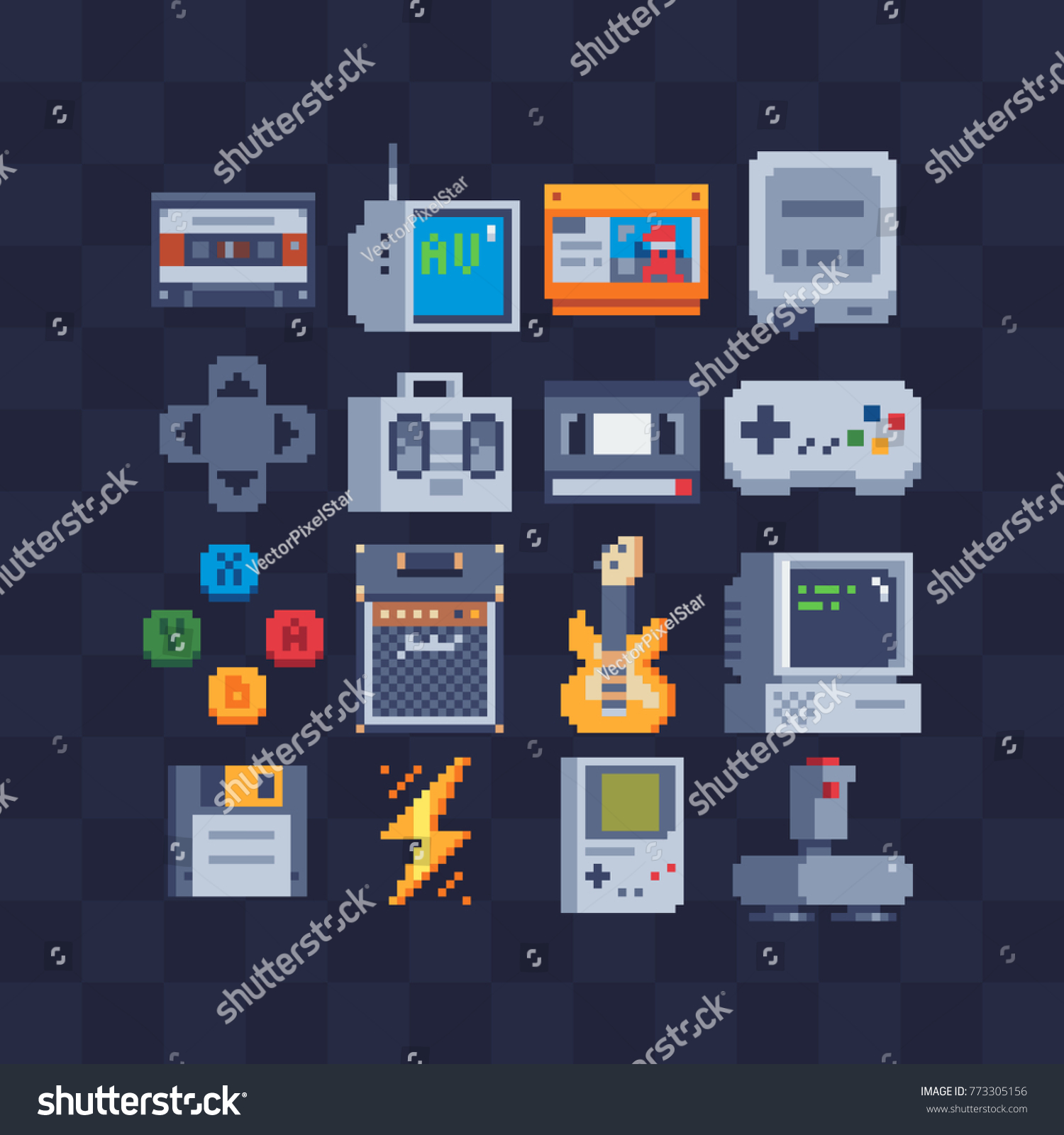 Pixel art flat icons set. Retro technology  computer  joystick  cassette  tape recorder. Retro style 80s. Accessories for consoles. Design apps. Game assets. Isolated abstract vector illustrations.