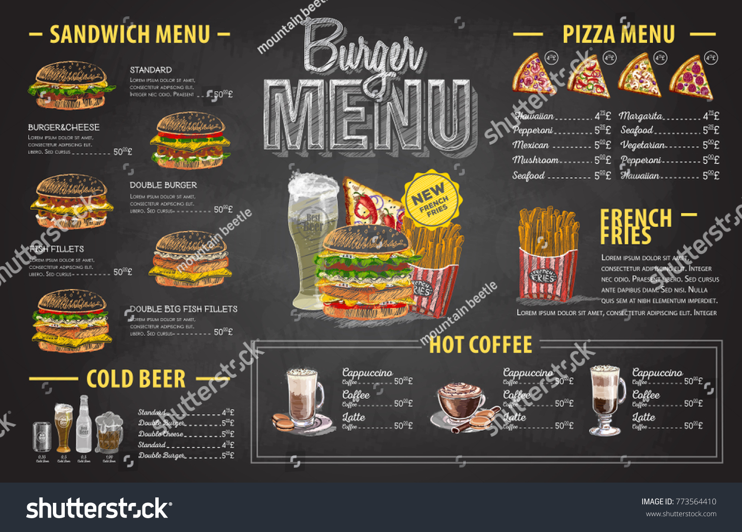 Vintage chalk drawing burger menu design. Fast food menu