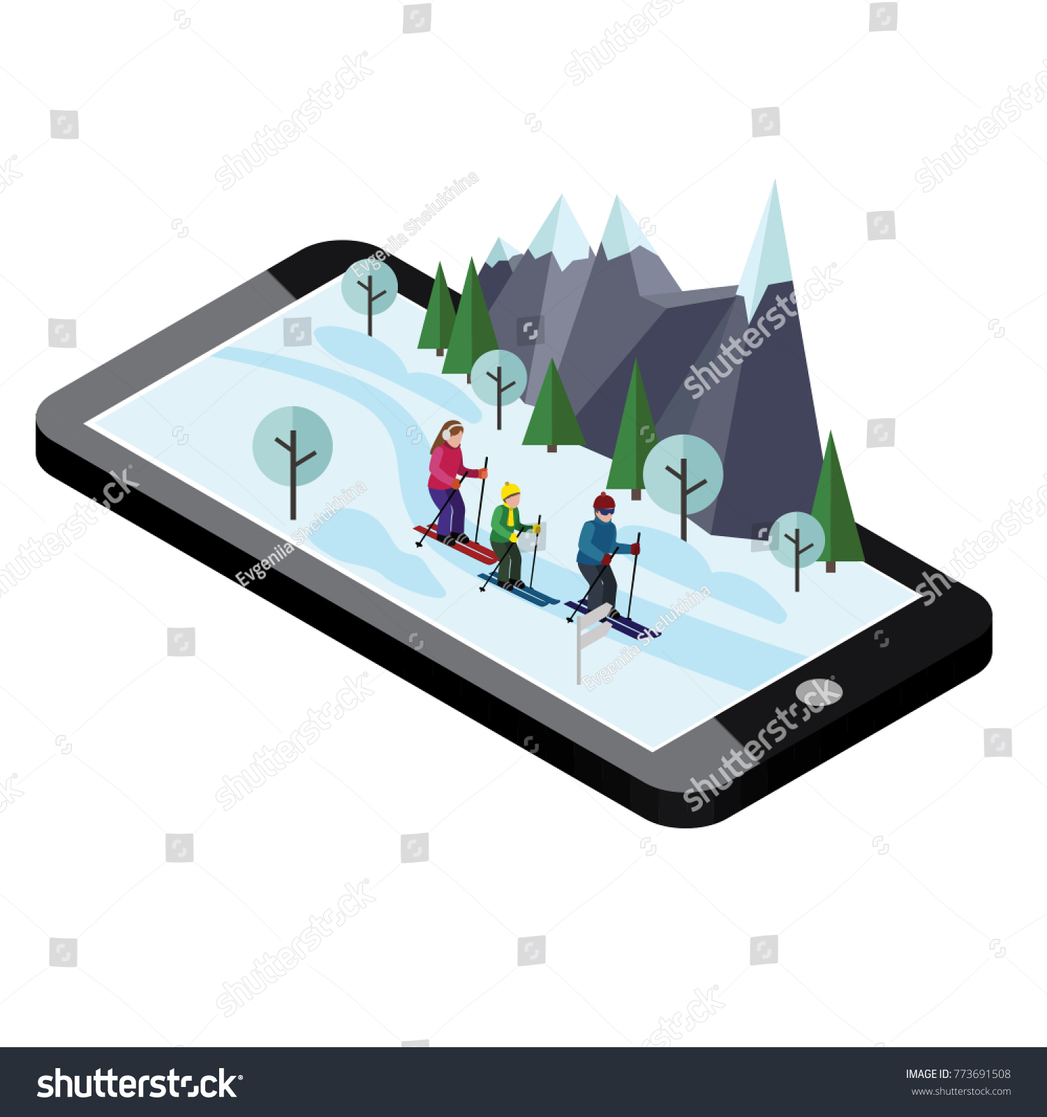 Isometric happy family skiing. Mobile navigation. Videos and photos keeped in phone memory. Cross country skiing  winter sport. Olimpic games  recreation lifestyle  activity speed extreme