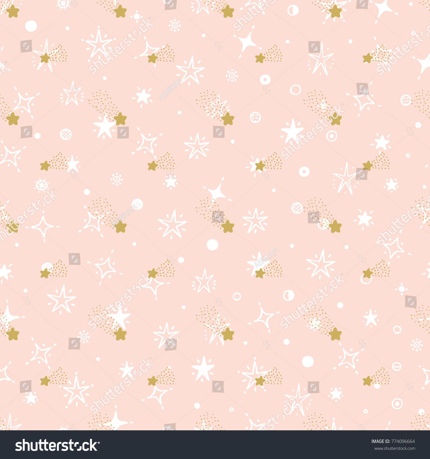 Vector Holiday or Birthday Seamless pattern. Hand Drawn doodle Stars. Starry sky background. Golden Pink Festive Background. Meteor Shower. Falling stars. Meteorites and Comets