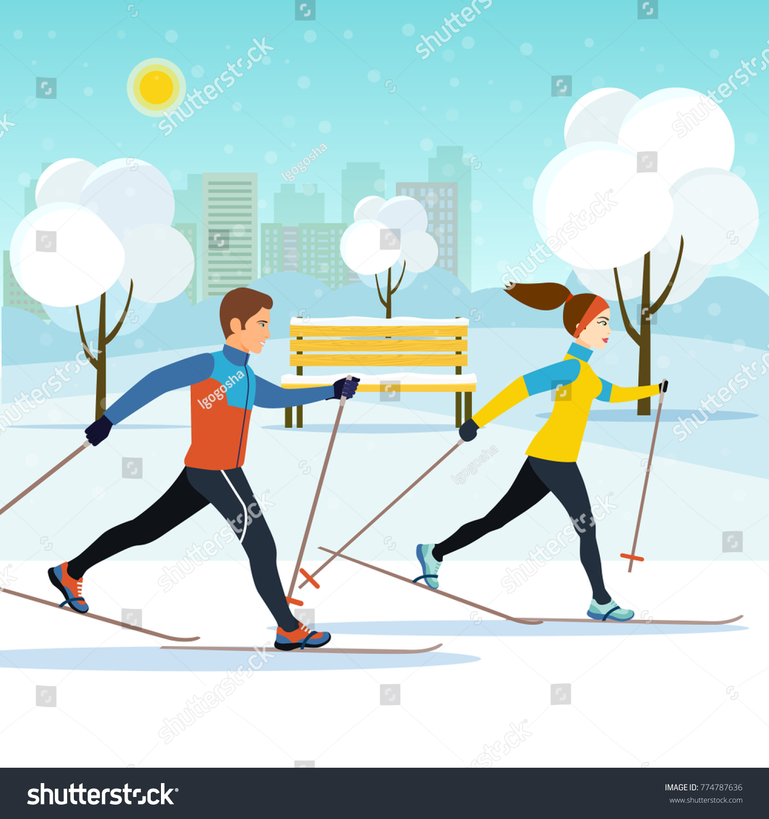 Young man and woman on cross-country skiing in the park. Vector flat style illustration