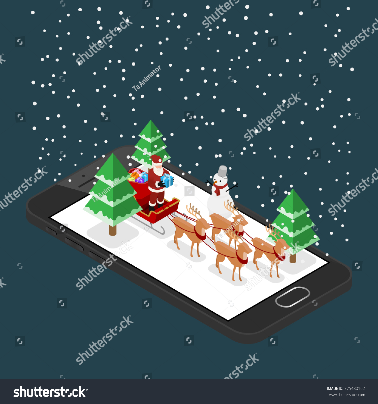 Isometric 3d Santa claus bring a gift by his six reindeers and sleigh on a black mobile phone in Christmas theme  Illustration flat vector design.